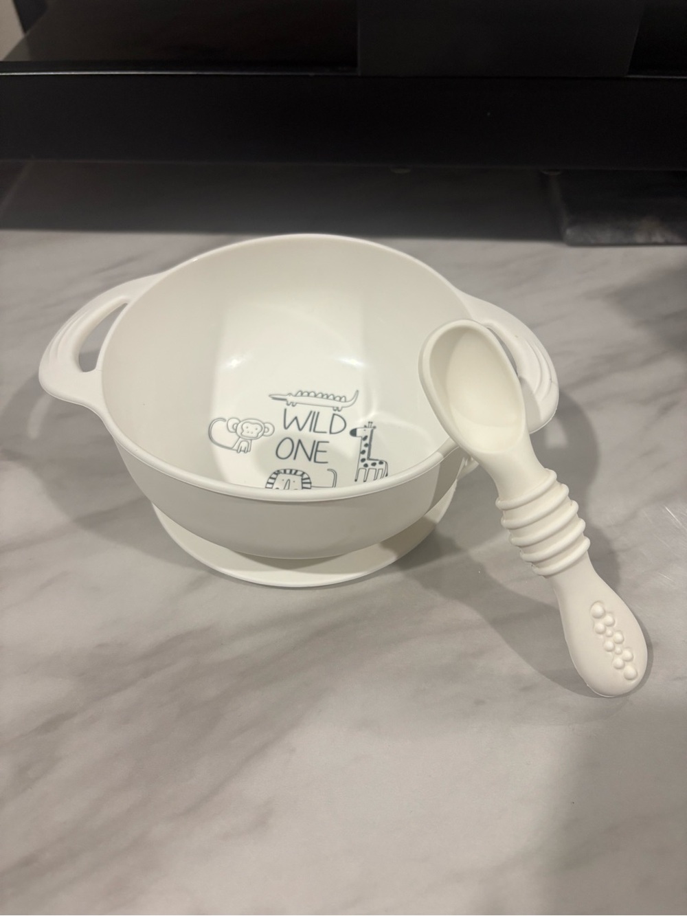 White Suction Baby Bowl & Spoon Set with 'Wild One' Design